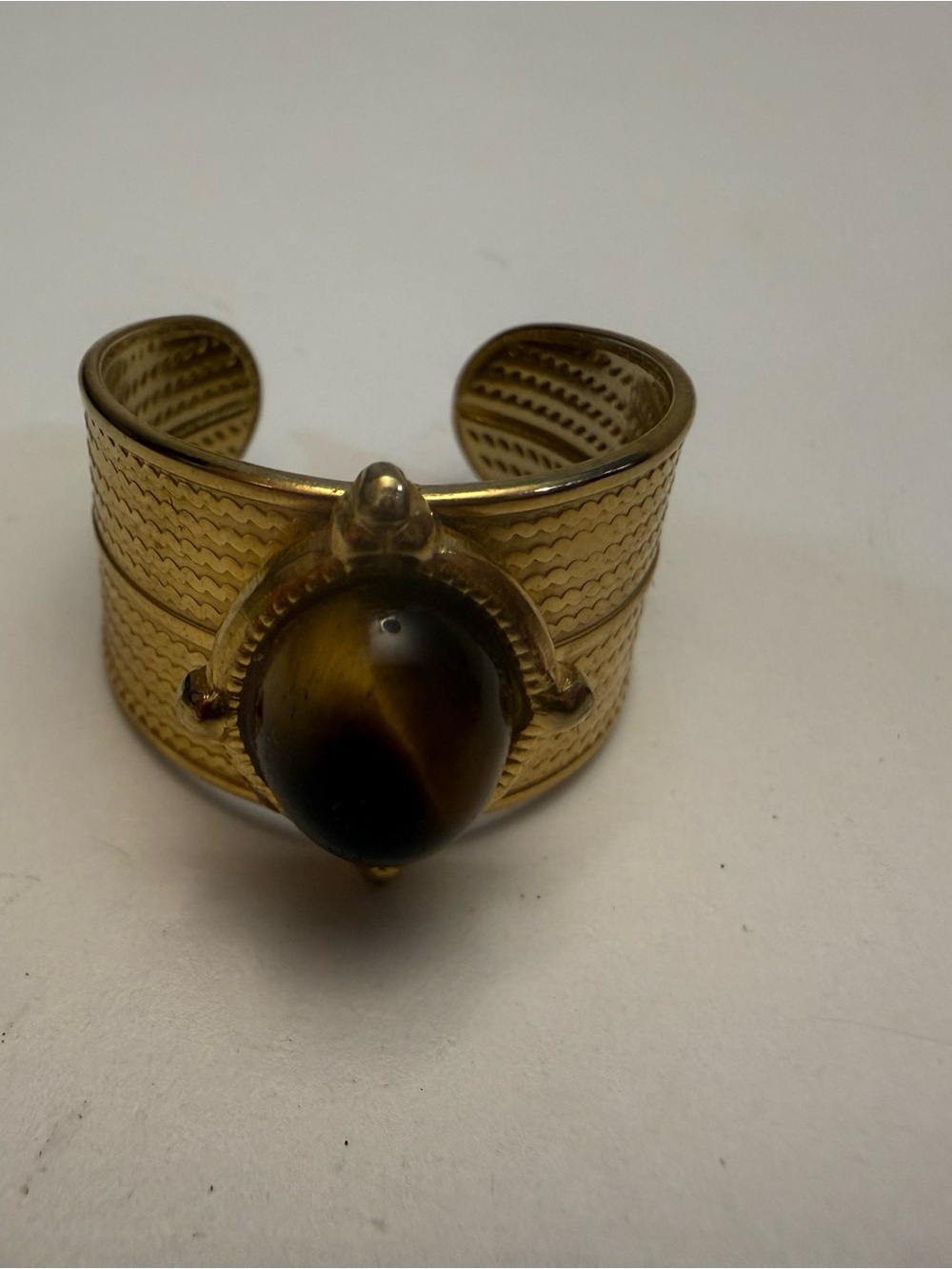 Gold-Tone Cuff Ring with Tiger's Eye Cabochon
